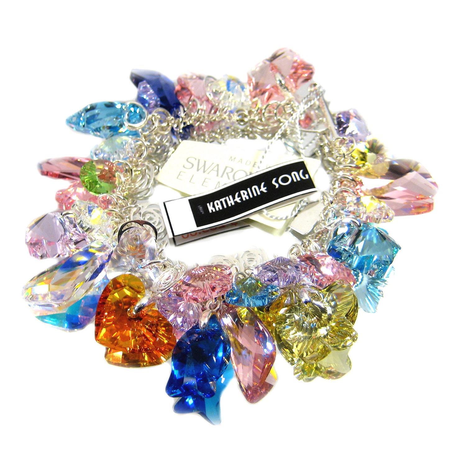 Pink, blue, yellow Swarovski SUMMER GARDEN  crystal charm bracelet - made to order - free shipping