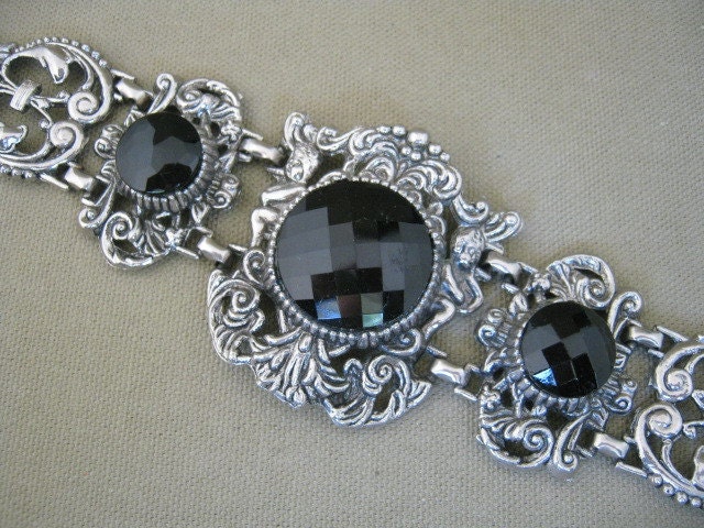 Vintage Art Nouveau Bracelet Chunky Black Glass Stones