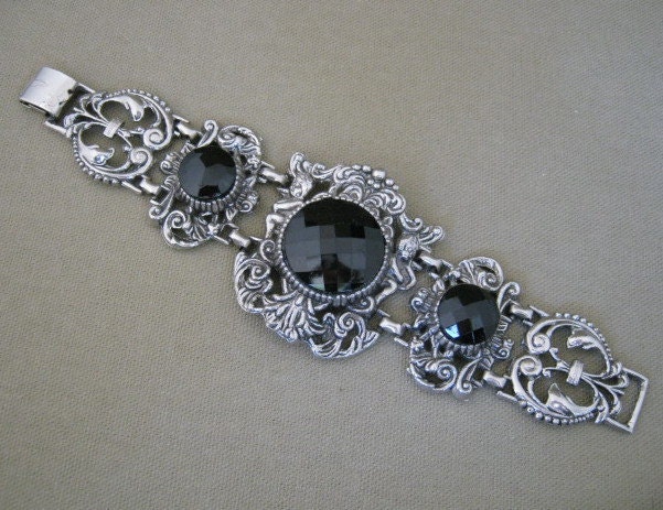 Vintage Art Nouveau Bracelet Chunky Black Glass Stones