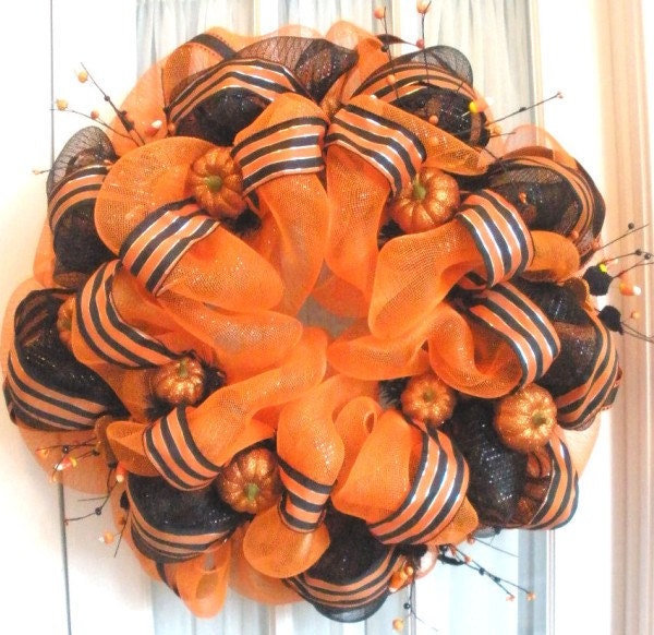 Halloween Mesh Wreath Orange Black Glittered Pumpkin
