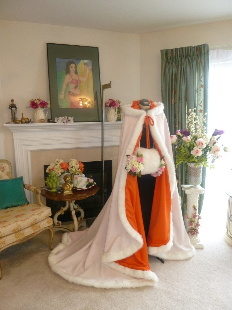 70 inch Halloween Bridal cape Pumpkin Orange Satin/ Ivory Satin with Fur Trim Wedding Cloak Steampunk Handmade in USA