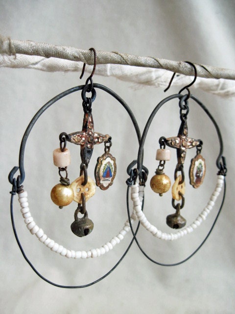 To Weave my Mystic Crown. Rustic Gypsy Assemblage Earrings with Vintage Religious Medals.