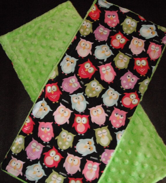 Black and Pink Snoozing Owls with Lime Green Minky Dot Burp Cloths- Set of 2