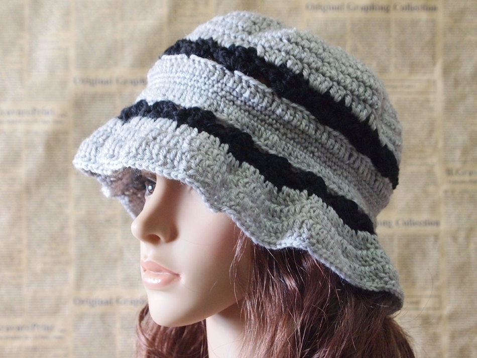 Hand Crocheted Hat - Lovely Grey and Black Bucket Hat for Teen Girl and Adult Woman
