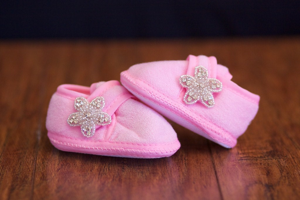 Pink Baby Shoes-Rhinestone Flower Applique Baby Shoes--FREE SHIPPING