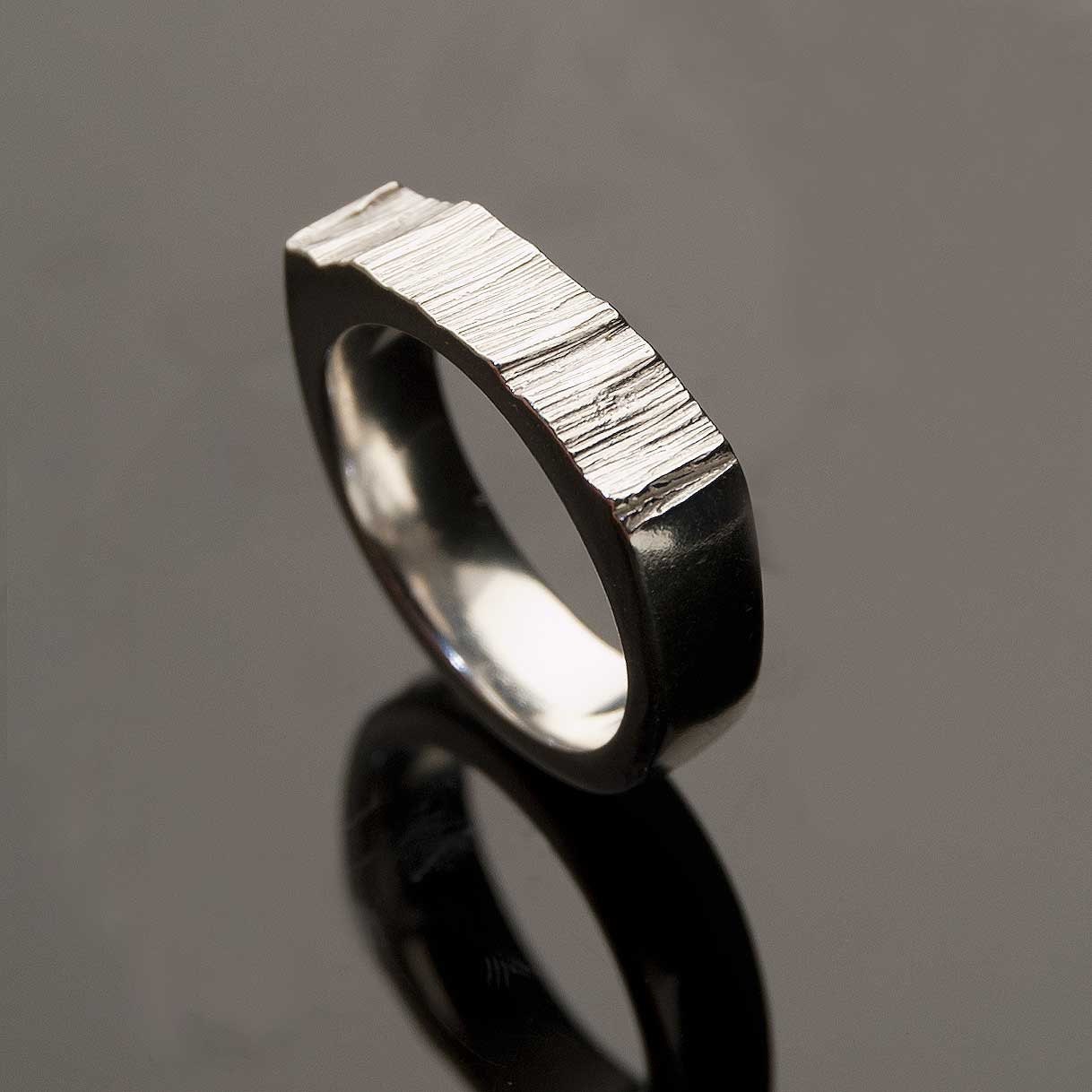 Wide Saw Cut Men's Wedding Ring Sterling Silver Textured Modern Wedding
