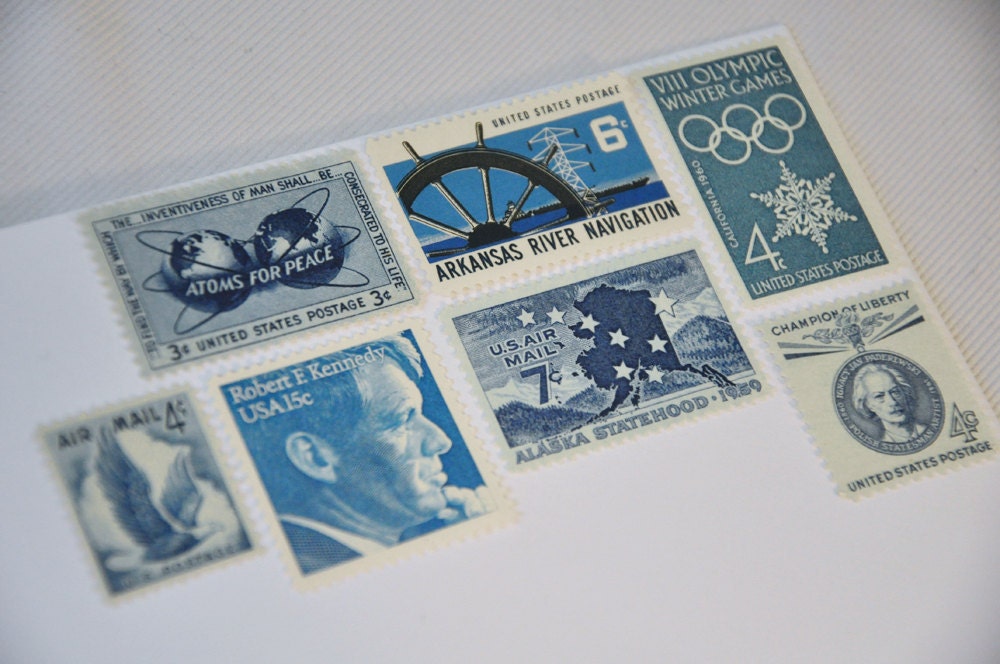 One Set of Vintage Postage Stamps - Blue / Indigo / Teal / Navy / Cyan - mail one letter