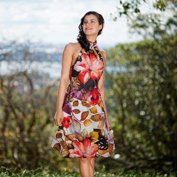 Hibiscus Wrap Around Halter Dress, Printed Cotton Summer Dress w A-line Knee Length Skirt, Gathered Halter Neck, Big Bright Flowers.