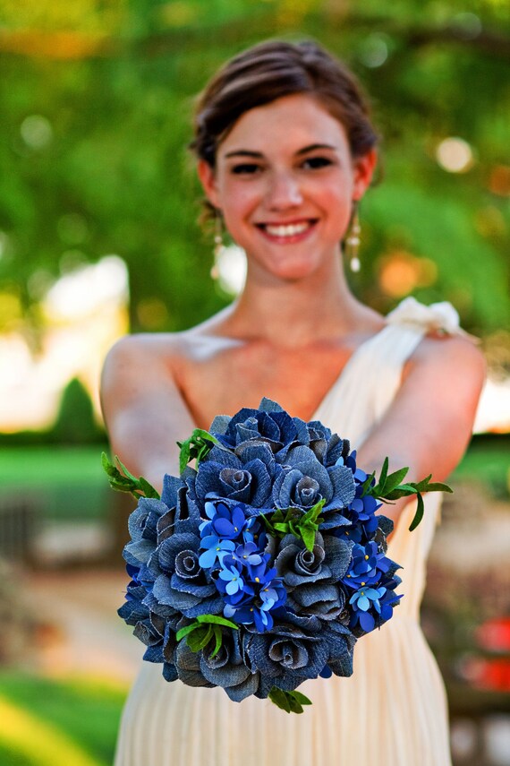 Paper flower and denim wedding bouquet - hydrangea, roses and greenery with matching boutonniere