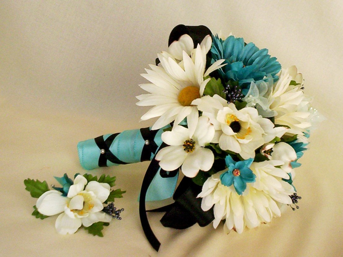 Silk Bridal Bouquet Turquoise Ivory Black Wedding Flowers