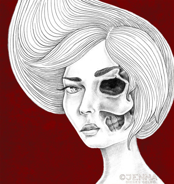Skeleton zombie girl pin up art print for Halloween