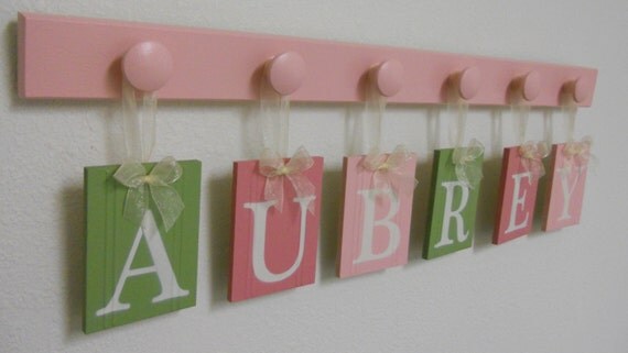 Baby Girl Wooden Letters Sign Includes Personalized Alphabet Wall letters and 6 Pegs- Light Green, Pinks. Custom Order for AUBREY