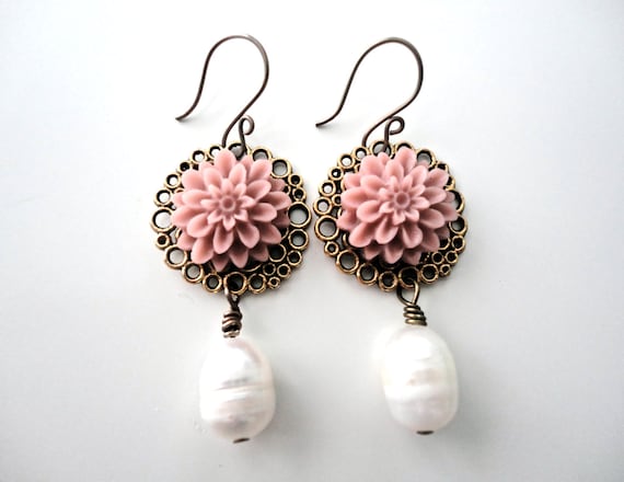 Antiqued Floral Cabochons with Freshwater Pearl Drop Bronzed Earrings