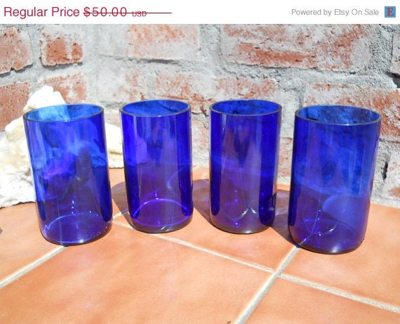 ON SALE 4 Recycled Cobalt Blue Skyy Bottle Tumblers 5 Inch Upcycled and Repurposed Eco Friendly Housewares