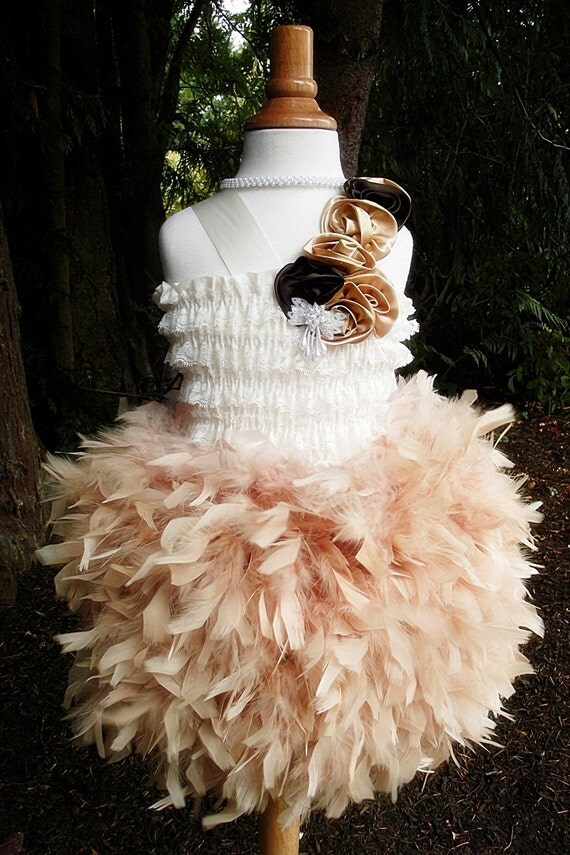Luxurious Champagne Rosette Feather Dress-feather, dress, vintage, couture, chandelle, rosette, crochet