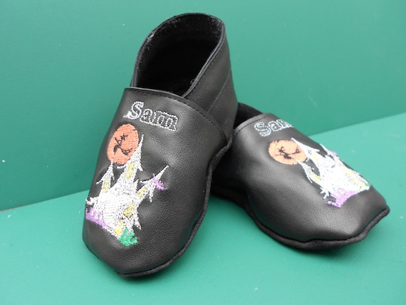 Halloween baby shoes. Special price. Soft black Leather with embroidered spooky castle, personalised with name.