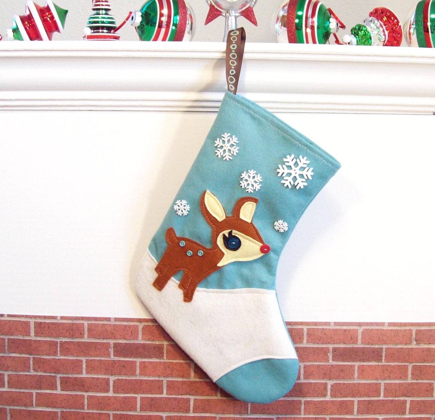 Retro Rudolph Cute Wool Christmas Stocking -- Aqua Blue