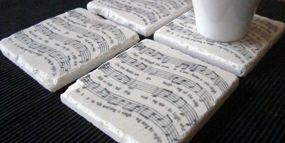 Holiday Coasters, Jingle Bells Sheet Music, Set of 4, Ready to Ship