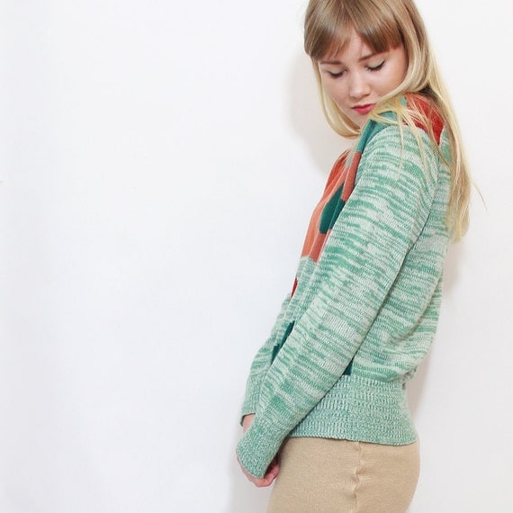 1970s Elementary Abstract Heathered Green Knit Sweater S M