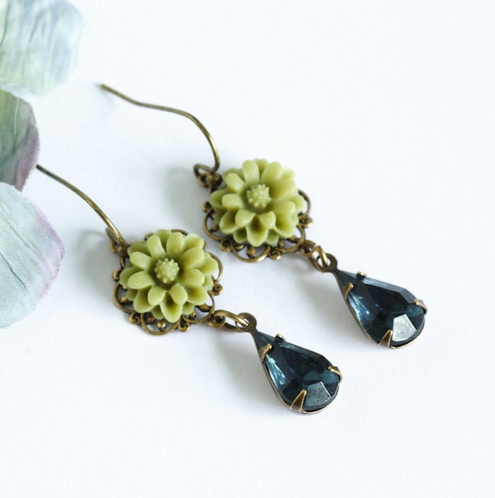 Vintage Jewel Earrings - Olive Green Flower and  Navy Blue Jewels  - Romantic and Feminine