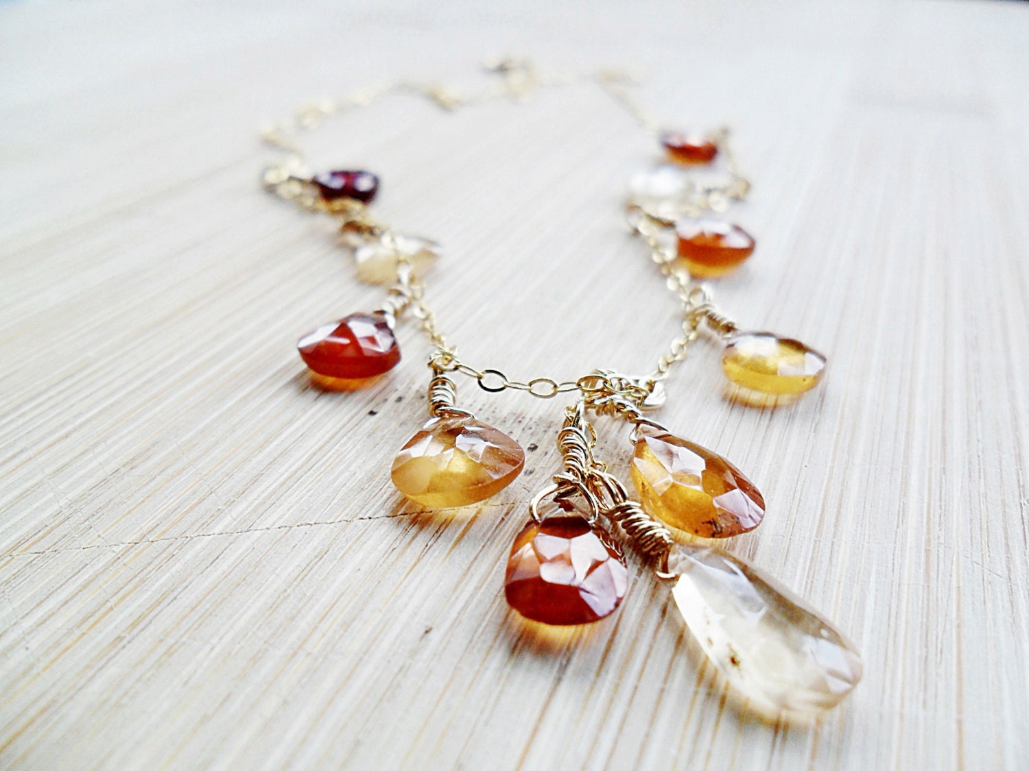 ONLY ONE Hessonite Garnet Necklace, Fall Necklace of Red, Orange, Yellow and Amber Gemstones on 14kt gold fill - Autumn Leaves