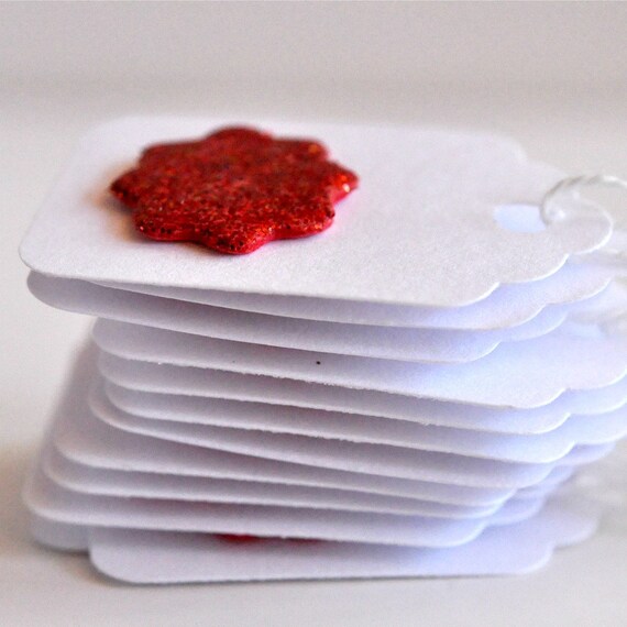 12 Red Glitter Sunburst Mini Tags Threaded White
