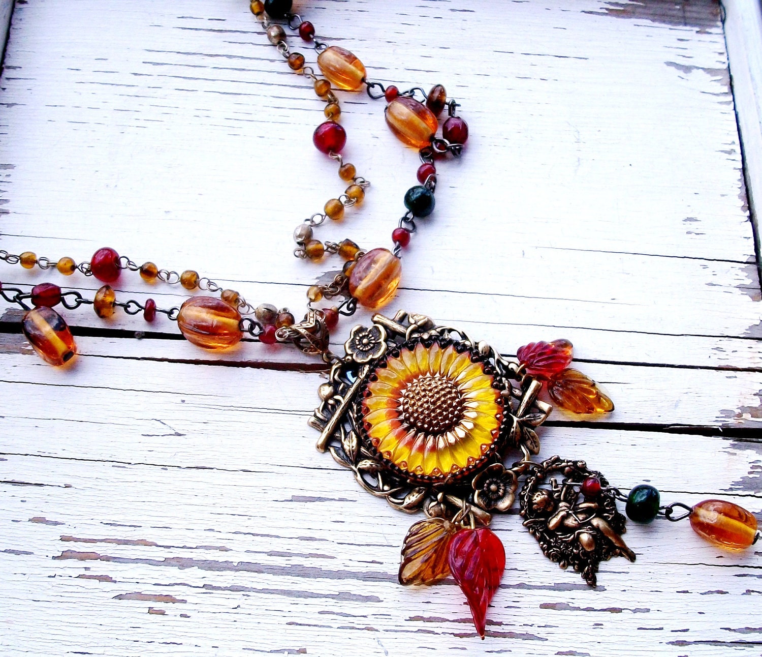 OOAK Handmade GLASS Beaded NECKLACE - "Autumn Harvest" - Dbl Chain, Fall Colors, Sunflower, Woodland, Rustic, Artisan, Wearable Art, Leaves