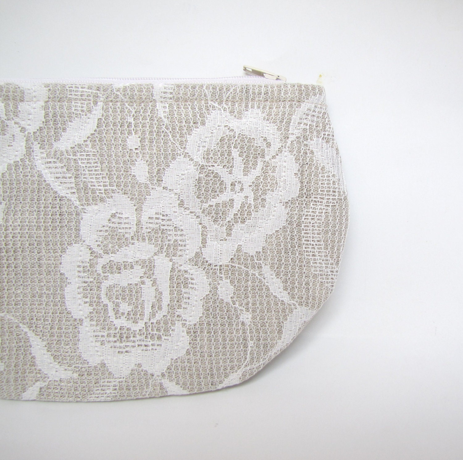 All laced up- zipper pouch, cosmetic bag, small clutch - natural linen covered with vintage lace