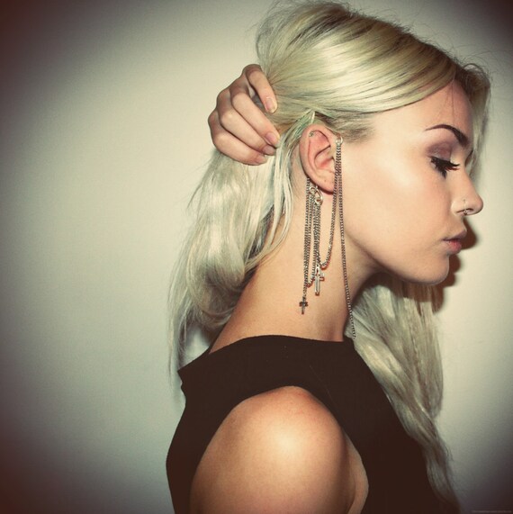 Cross ear cuff with loose chains and charms, no piercing required, made to order.