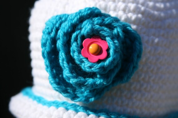 Flower Hat beanie for baby girl 3-6 months white with teal green and pink accent flower rose