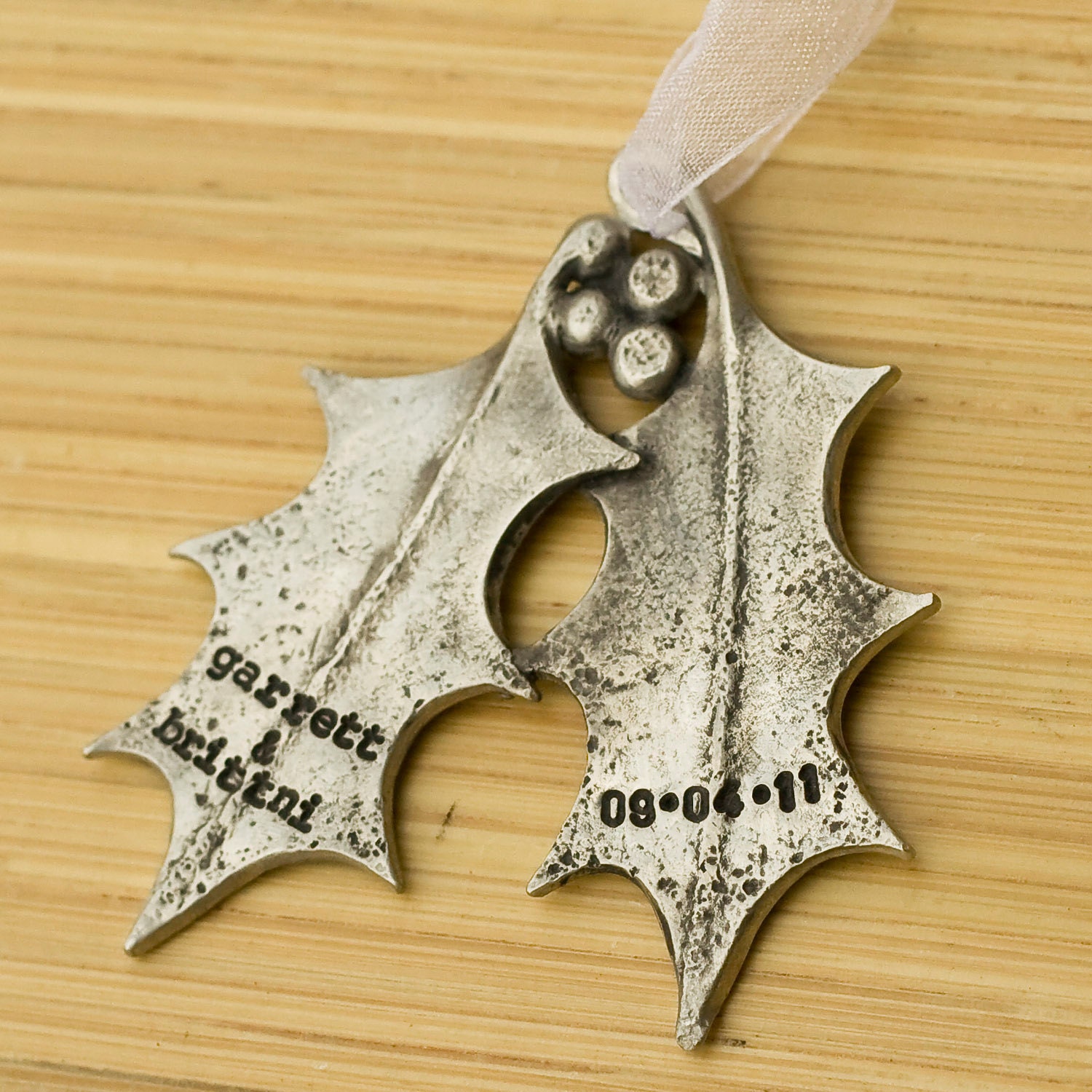 Christmas ornament hand stamped personalized custom holly leaves pewter wedding gift