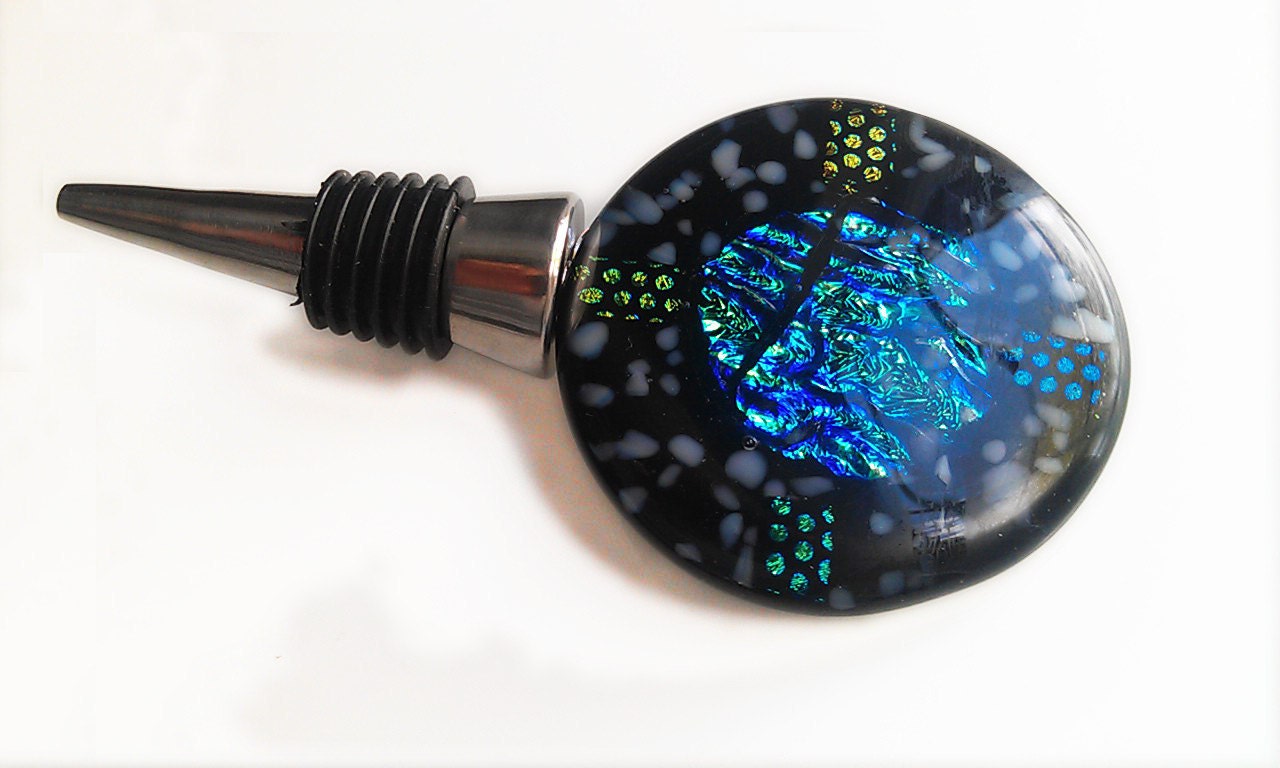 Black & Blue Dichroic Fused Glass Wine Bottle Stopper