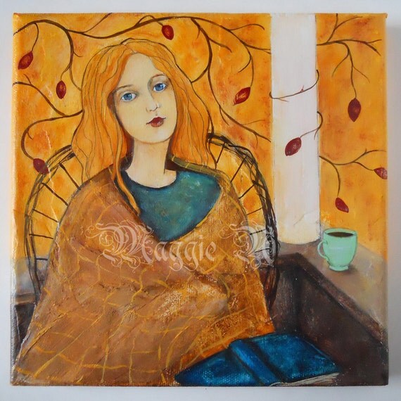Daydreaming Girl - Book and A Cup of Tea - 8 x 8 Inches on Gallery Wrapped Canvas