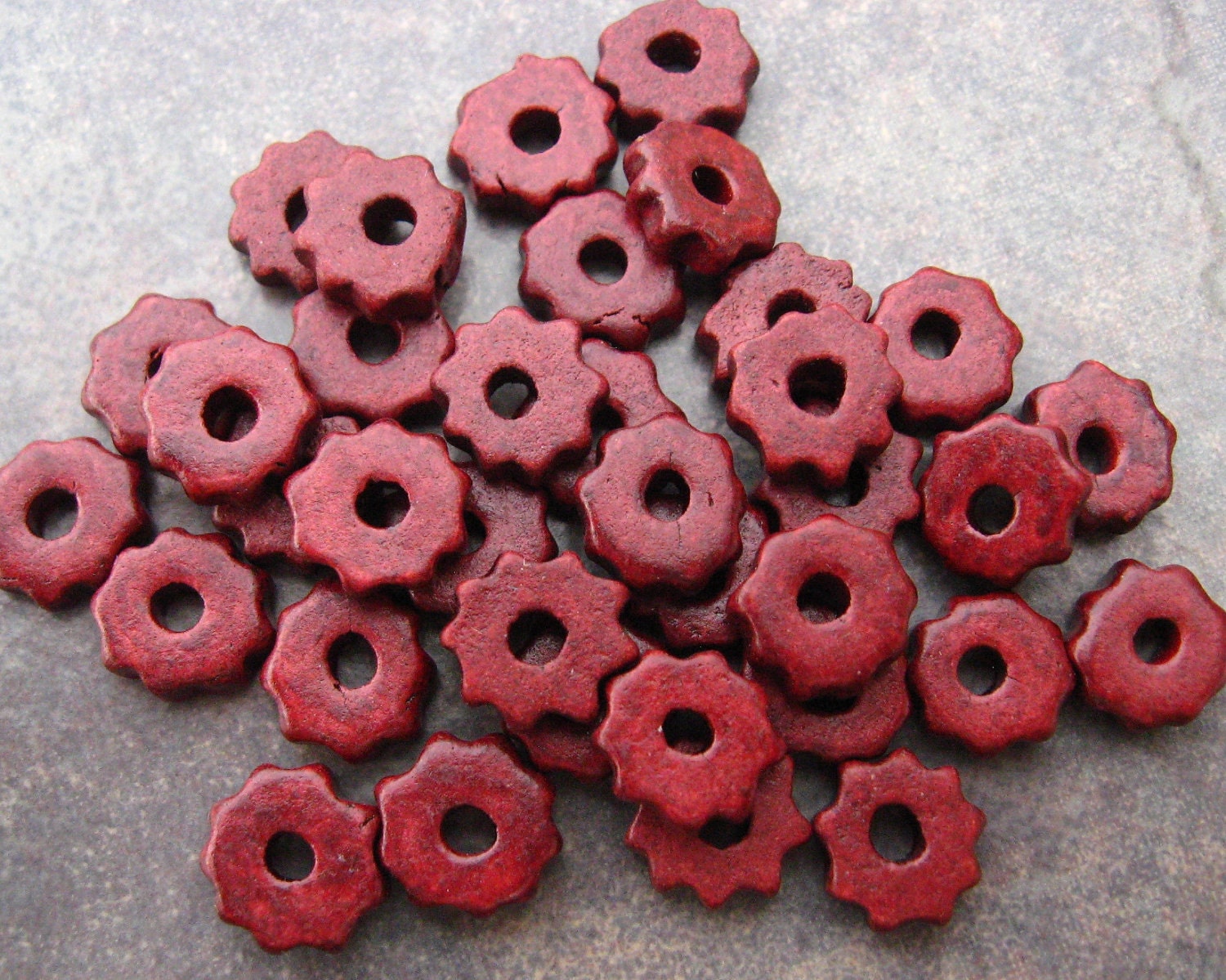 10 BORDEAUX Tiny Gears Greek Ceramic Beads