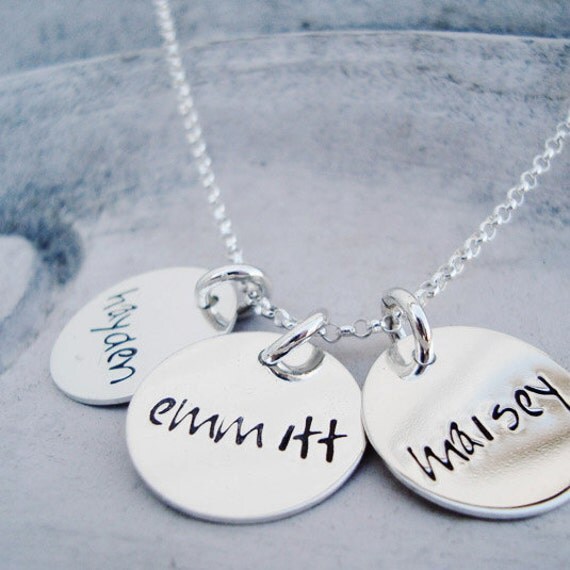 hand stamped personalized mothers necklace.. handwritten sterling silver discs.. handstamped mommy jewelry