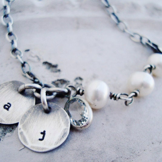 typed initials... personalized handstamped rustic pearl mothers charm bracelet