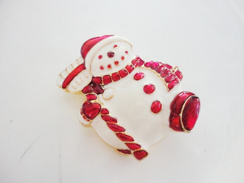 vintage Christopher Radko Christmas red and white enamel  Snowman pin brooch