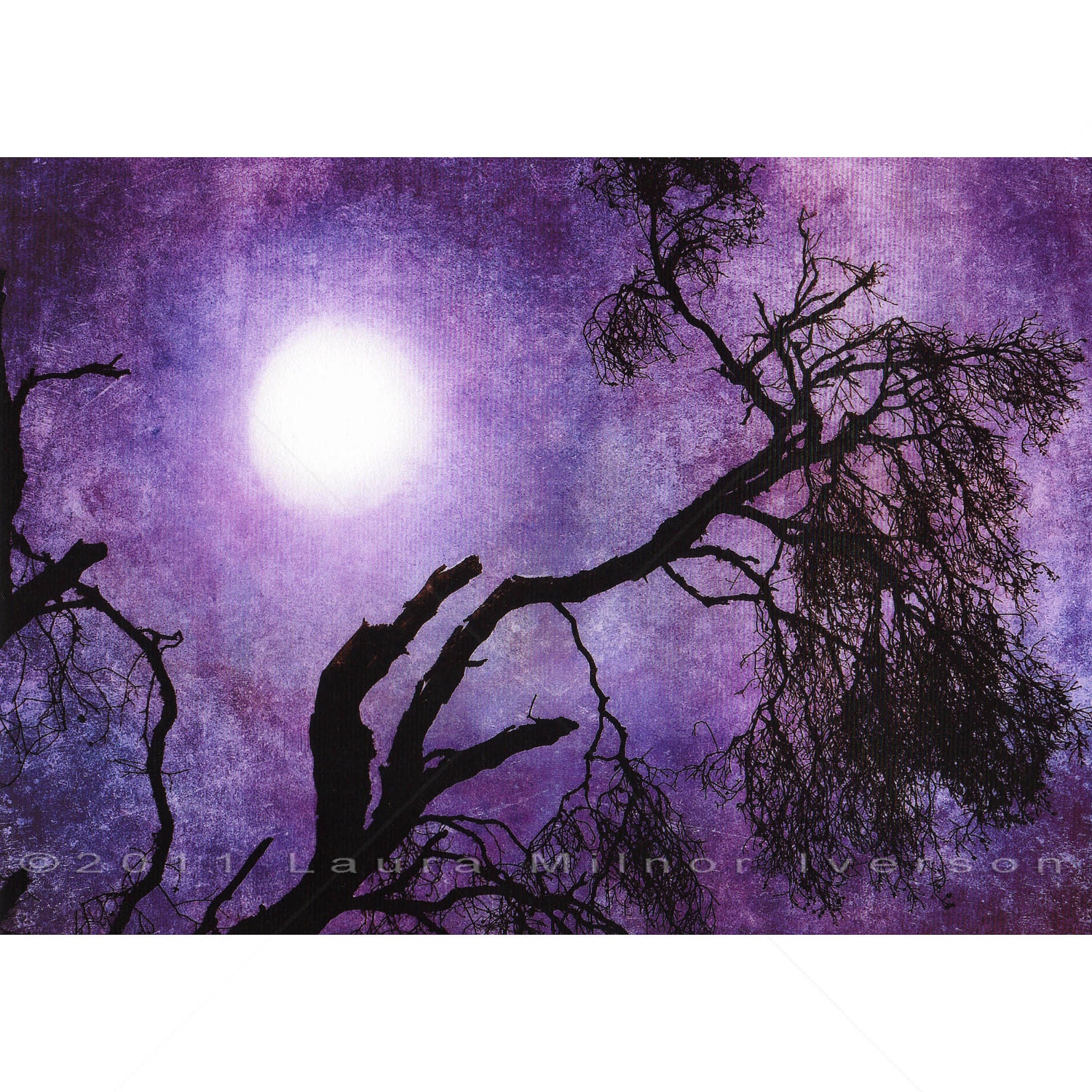 Oak Tree Branch Purple Moon Halloween Grunge Dark Art Print