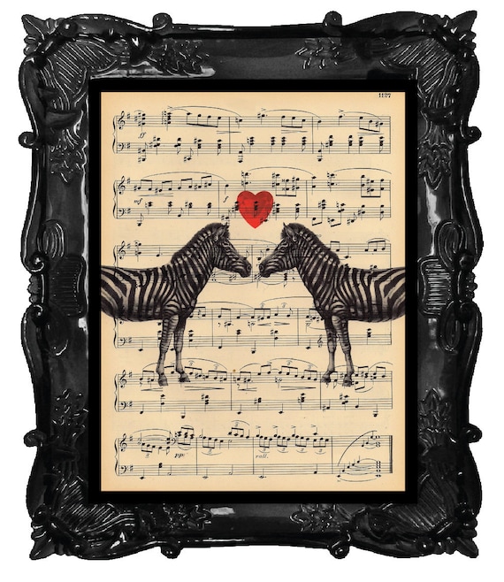 Upcycled Dictionary Page Upcycled Book Art Upcycled Art Print Upcycled Book Print Vintage Zebra Heart Lovers Music Sheet