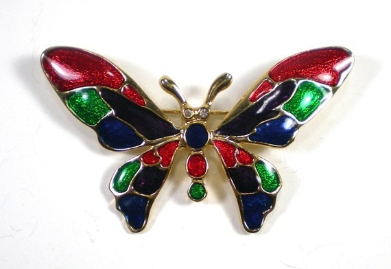 Vintage Enamel Butterfly Brooch Gold Red Blue Purple by paleorama from etsy.com