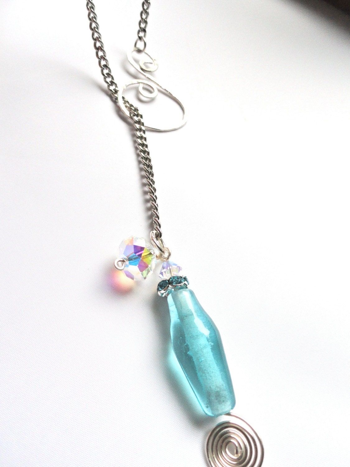 Turquoise Blue Lampwork Bead Swarovski Crystal Lariat Silver Necklace