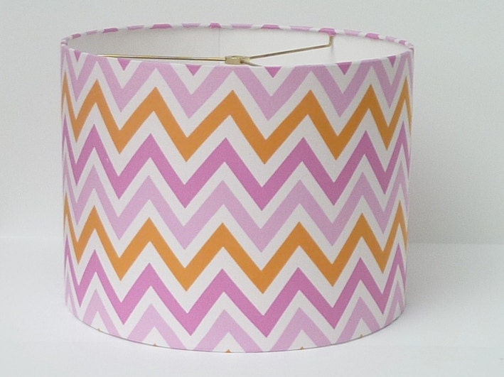 Drum Lamp Shade in a Pink and Orange Chevron / Zigzag Fabric.