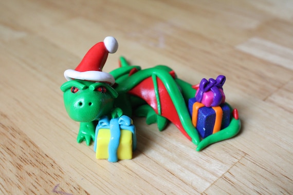 Christmas Dragon With Presents and Santa Hat Green and Red