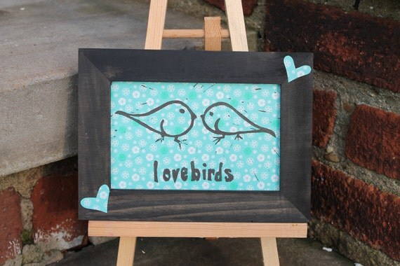 Linocut Print of Lovebirds with Handpainted Frame