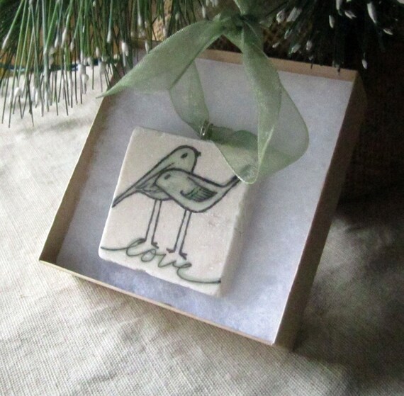 Love Birds Christmas Holiday Ornament, Sage Green, including Gift Box, Ready to Ship