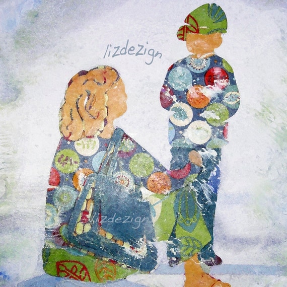 Mother and son at the kid's play park in sunshine bright colours  by Lizdesign