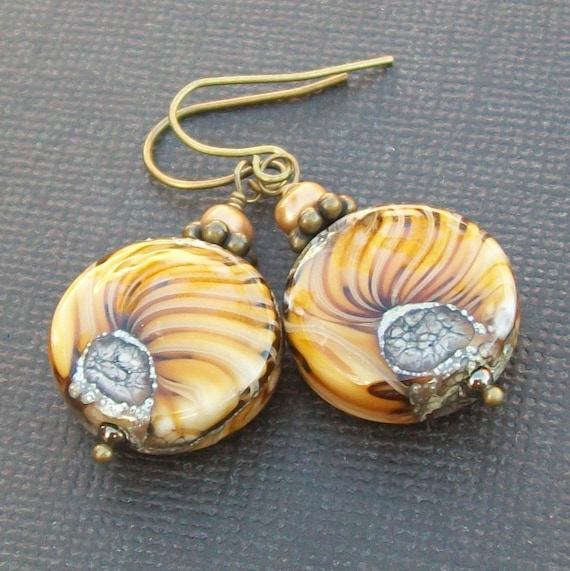 lampwork earrings  beautiful golden beribboned bead- sunflowers