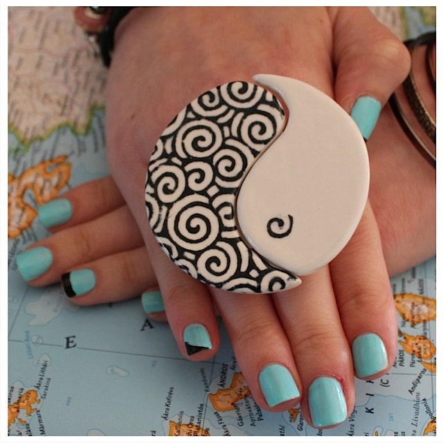 Big Cocktail Ring Ceramic - bold oversize handmade ring - YIN and YANG - 2.4 inch