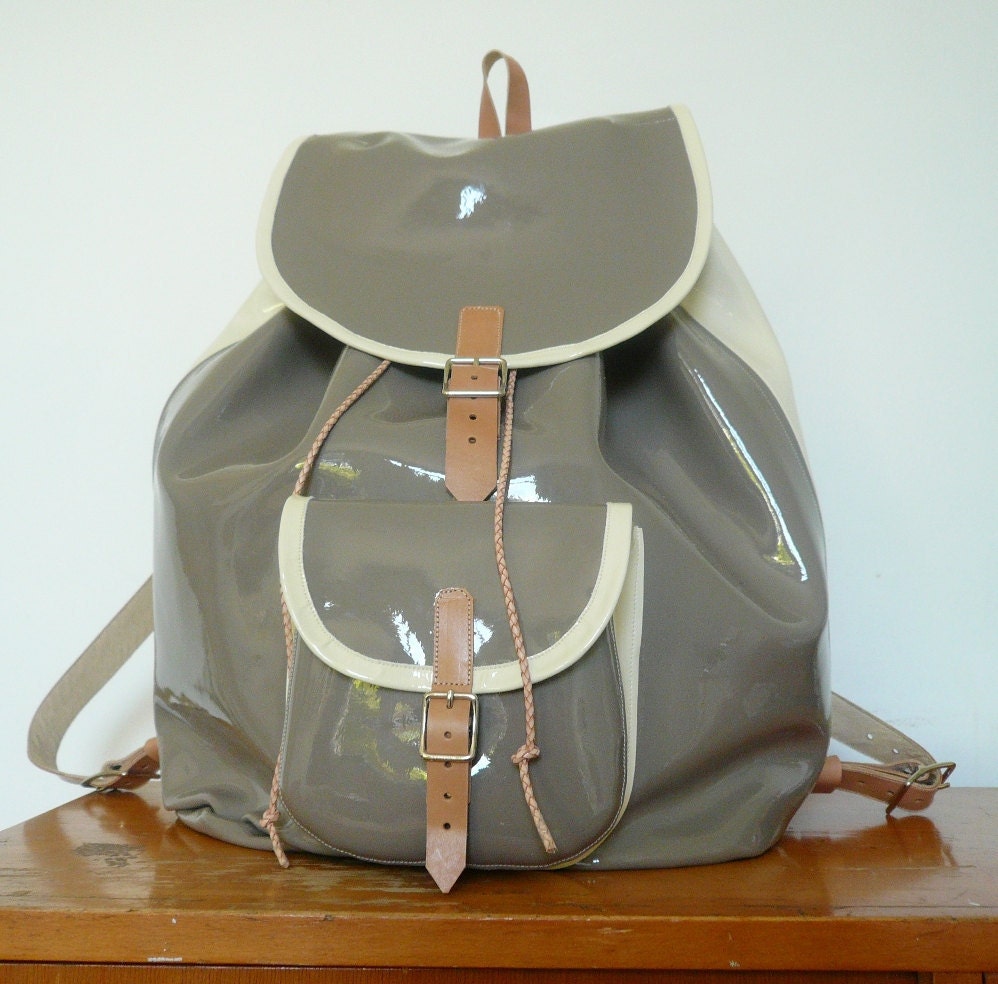 Gray Cream Patent Leather Backpack FREE UK SHIPPING