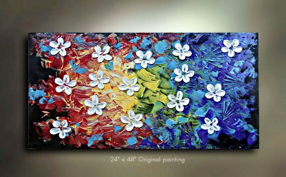 ORIGINAL Flower Painting Abstract Landscape Artwork white daisy Heavy Textured 48x24 Modern Contemporary art Made to Order by OTO